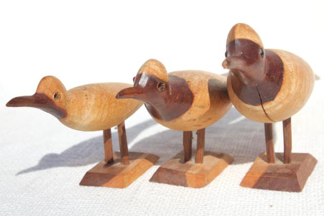 photo of old hand carved wooden birds, wood sandpiper bird family, rustic beach decor #8