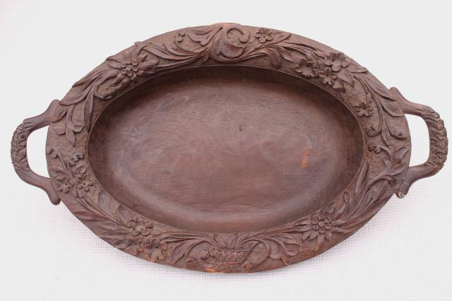 photo of old hand carved wooden bread plate, walnut wood tray w/ Black Forest or Swiss alpine flowers #1