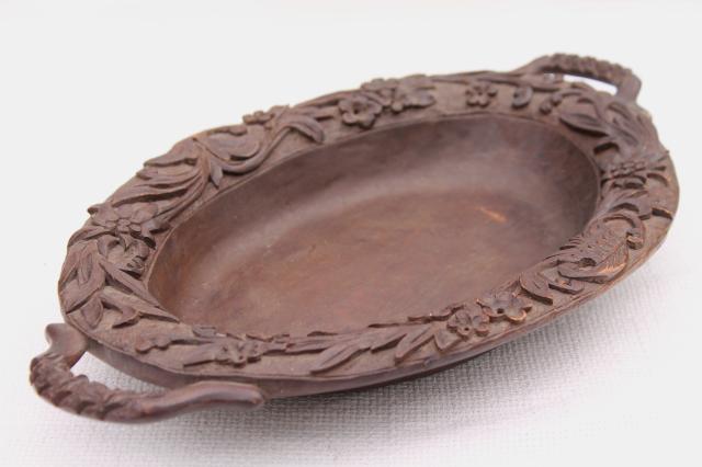 photo of old hand carved wooden bread plate, walnut wood tray w/ Black Forest or Swiss alpine flowers #2