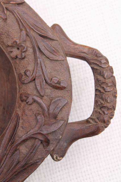 photo of old hand carved wooden bread plate, walnut wood tray w/ Black Forest or Swiss alpine flowers #4