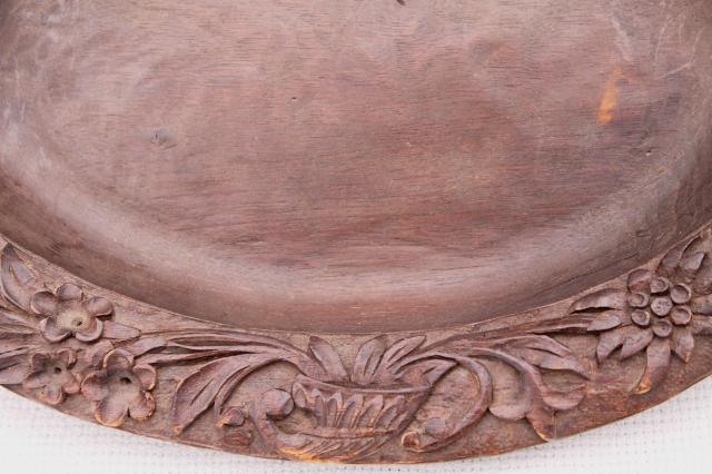 photo of old hand carved wooden bread plate, walnut wood tray w/ Black Forest or Swiss alpine flowers #7