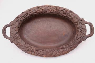 catalog photo of old hand carved wooden bread plate, walnut wood tray w/ Black Forest or Swiss alpine flowers