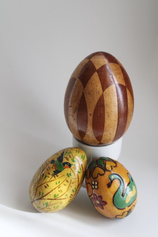 photo of old hand crafted wood Easter eggs, marquetry, carved folk art swan, birds #1
