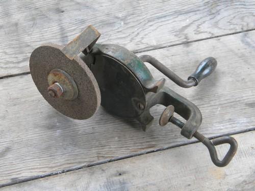 photo of old hand crank farm work bench grinding wheel for old sharpening tools #1