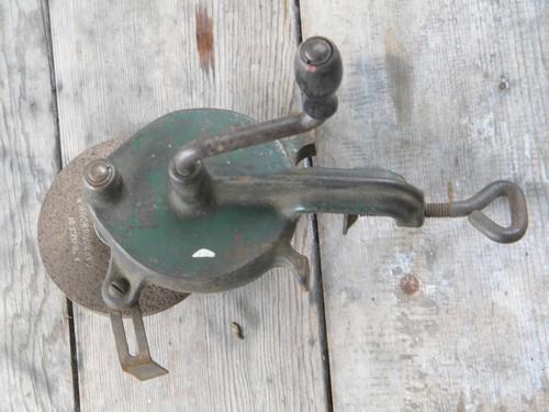 photo of old hand crank farm work bench grinding wheel for old sharpening tools #2