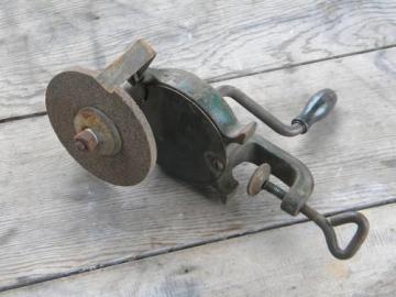 catalog photo of old hand crank farm work bench grinding wheel for old sharpening tools