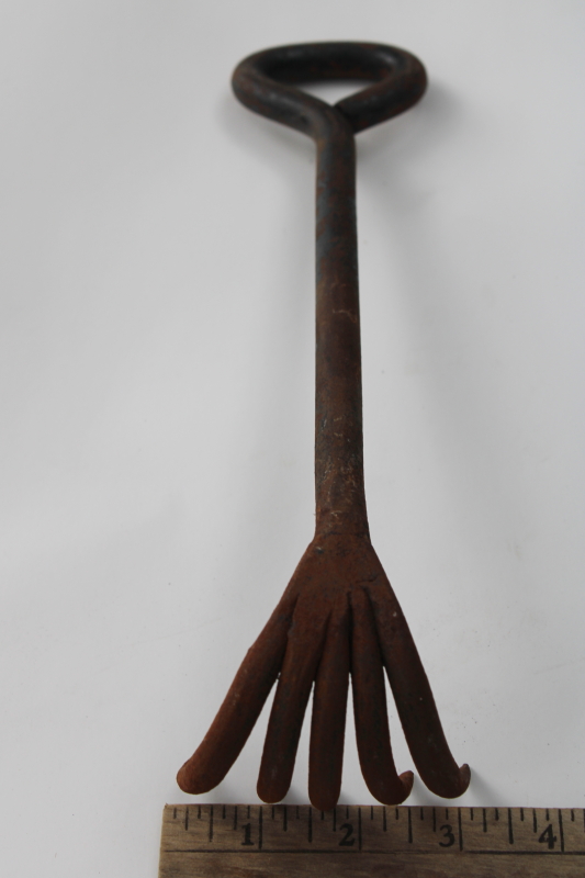 photo of old hand forged iron rake, heavy claw for fireplace or wood stove, primitive vintage hand tool #4