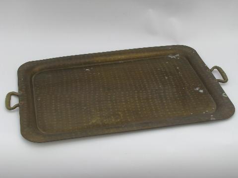 photo of old hand hammered solid brass tray, copper rivet handles #1