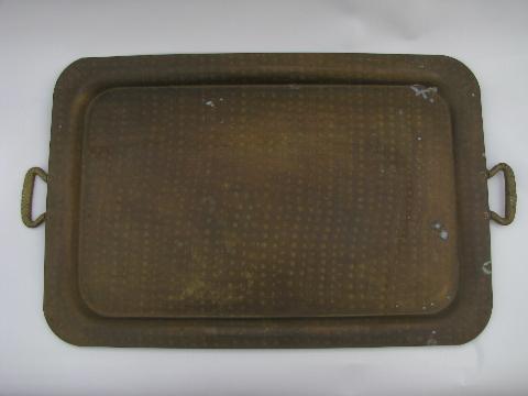 photo of old hand hammered solid brass tray, copper rivet handles #2