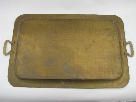 photo of old hand hammered solid brass tray, copper rivet handles #4