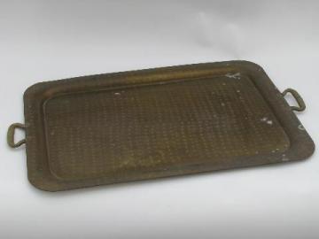 catalog photo of old hand hammered solid brass tray, copper rivet handles