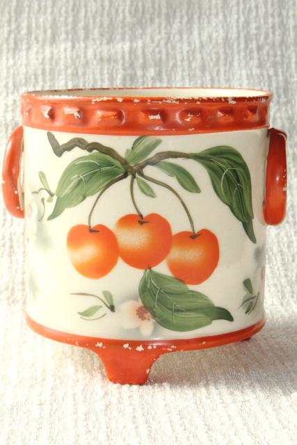 photo of old hand painted cherries cachepot jardiniere planter pot, deco vintage Erphila art pottery #3