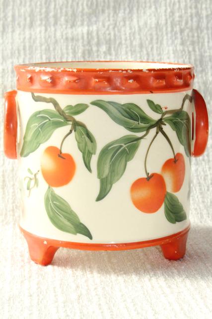 photo of old hand painted cherries cachepot jardiniere planter pot, deco vintage Erphila art pottery #5