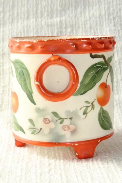 photo of old hand painted cherries cachepot jardiniere planter pot, deco vintage Erphila art pottery #6