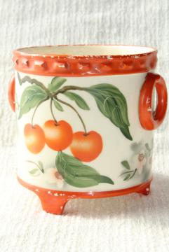 old hand painted cherries cachepot jardiniere planter pot, deco vintage Erphila art pottery