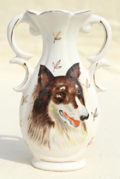 catalog photo of old hand painted china vase w/ collie dog, 1930s vintage Lassie