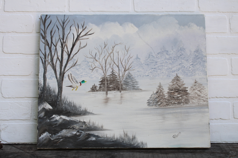 photo of old hand painted folk art naive painting on canvas Wisconsin winter snowy trees & lake  #1