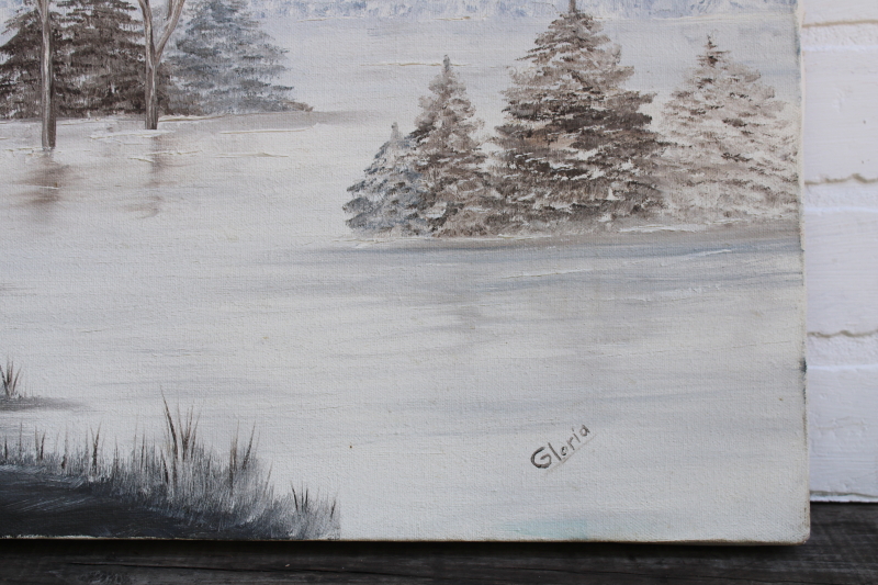 photo of old hand painted folk art naive painting on canvas Wisconsin winter snowy trees & lake  #2