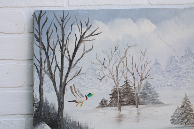 photo of old hand painted folk art naive painting on canvas Wisconsin winter snowy trees & lake  #3
