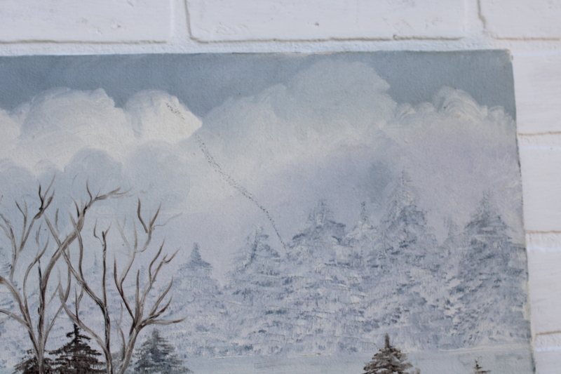 photo of old hand painted folk art naive painting on canvas Wisconsin winter snowy trees & lake  #4