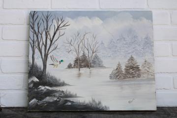 catalog photo of old hand painted folk art naive painting on canvas Wisconsin winter snowy trees & lake 