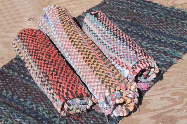 photo of old hand woven twined rag rugs, farmhouse primitive vintage rug lot from Wisconsin farm estate #6