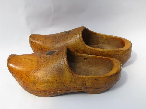 photo of old hand-carved klompen wood shoes, antique french country clogs #1