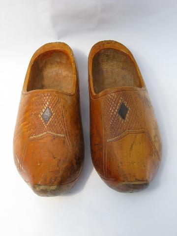 photo of old hand-carved klompen wood shoes, antique french country clogs #2