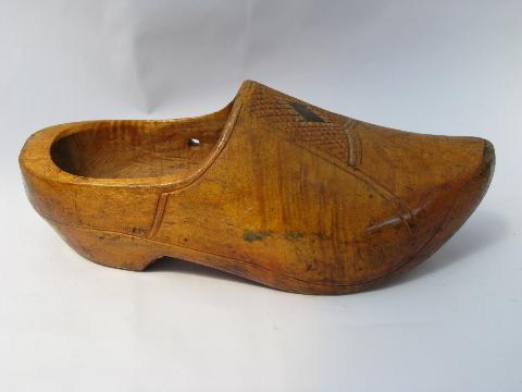 photo of old hand-carved klompen wood shoes, antique french country clogs #4