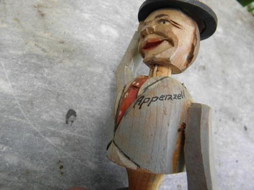 photo of old hand-carved vintage wood bottle stopper, Appenzell man tipping hat #2