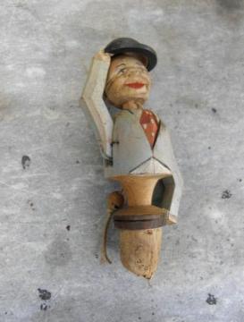 catalog photo of old hand-carved vintage wood bottle stopper, Appenzell man tipping hat