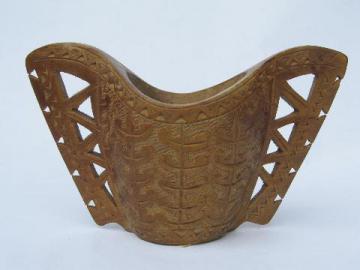catalog photo of old hand-carved wood loving cup w/ double handles, made in Yugoslavia