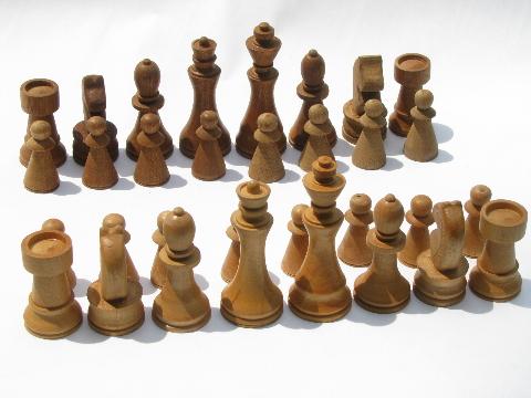 photo of old hand-crafted turned wood chess set game pieces, carved hardwoods #1