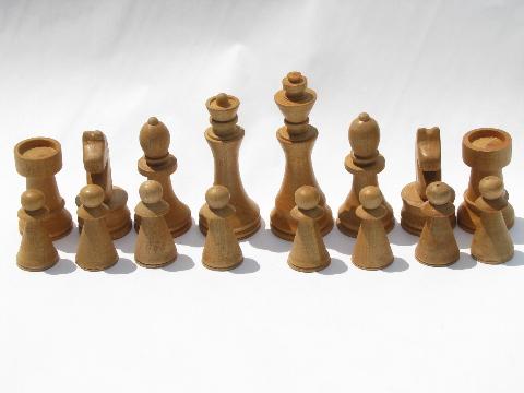 photo of old hand-crafted turned wood chess set game pieces, carved hardwoods #5