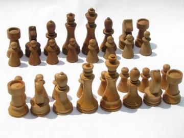 catalog photo of old hand-crafted turned wood chess set game pieces, carved hardwoods