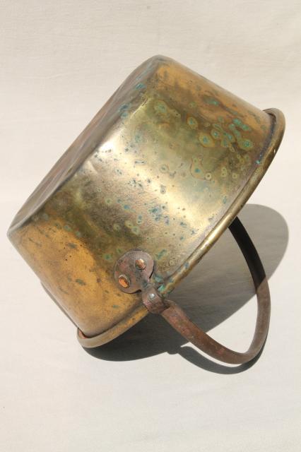photo of old hand-forged solid brass bucket, open hearth fire cooking pot kettle w/ iron handle #2