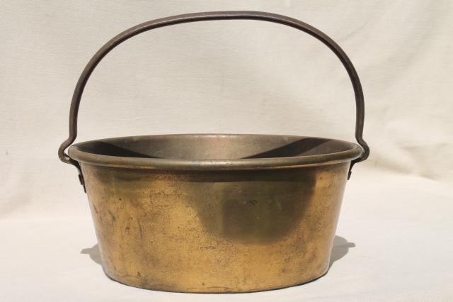 photo of old hand-forged solid brass bucket, open hearth fire cooking pot kettle w/ iron handle #6