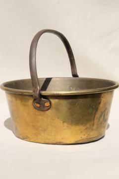 catalog photo of old hand-forged solid brass bucket, open hearth fire cooking pot kettle w/ iron handle