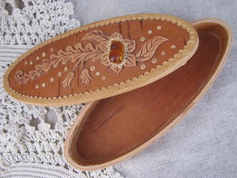 photo of old handmade birch bark basket boxes w/ baltic amber from Russia? #10