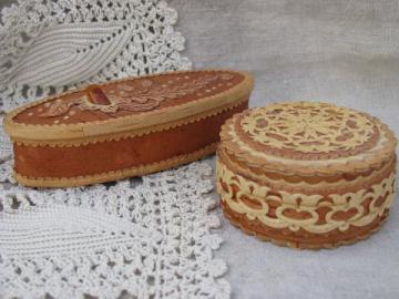 catalog photo of old handmade birch bark basket boxes w/ baltic amber from Russia?