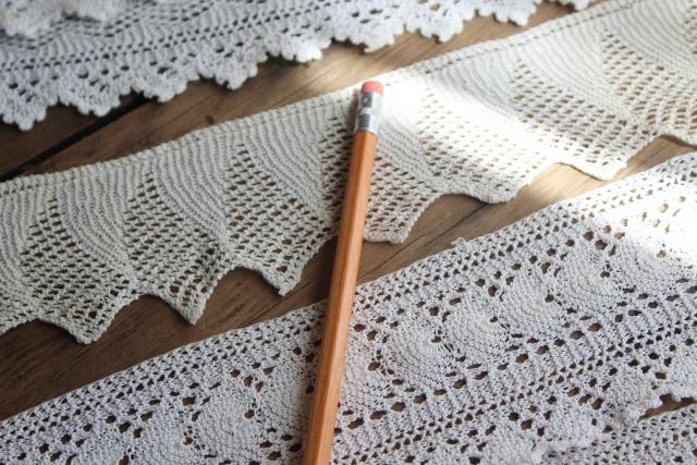 photo of old handmade knit knitted lace edging, wide flounce sewing trim for linens or clothing #2