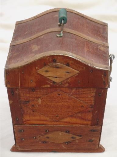 photo of old handmade wood sewing box, small dome top trunk or chest, tramp art vintage  #4