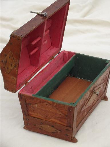 photo of old handmade wood sewing box, small dome top trunk or chest, tramp art vintage  #7