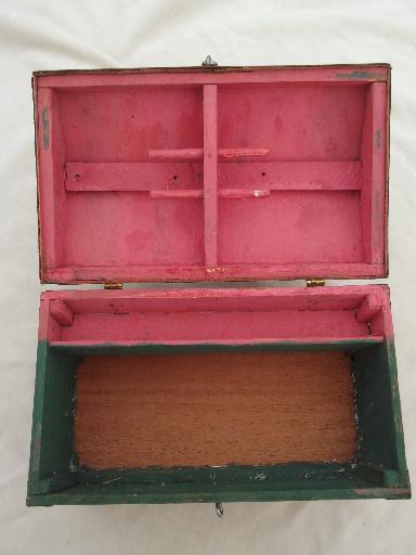 photo of old handmade wood sewing box, small dome top trunk or chest, tramp art vintage  #8