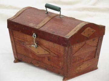 catalog photo of old handmade wood sewing box, small dome top trunk or chest, tramp art vintage 