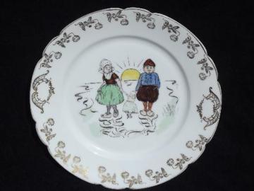 catalog photo of old hand-painted Delft china plate, Dutch boy and girl w/ a doll