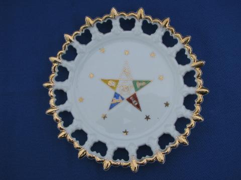 photo of old hand-painted china plate w/ Masons emblem, Masonic star #1