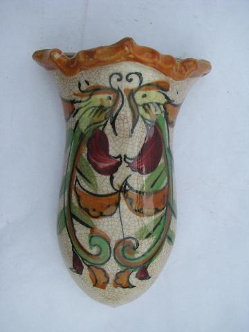 photo of old hand-painted china wall pocket vase, antique crackle glaze - vintage Japan #1