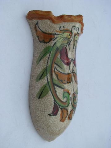 photo of old hand-painted china wall pocket vase, antique crackle glaze - vintage Japan #2