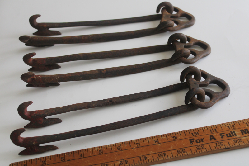 photo of old harpoon shape wrought iron hooks double hangers, antique vintage farm tool or implement hardware  #2